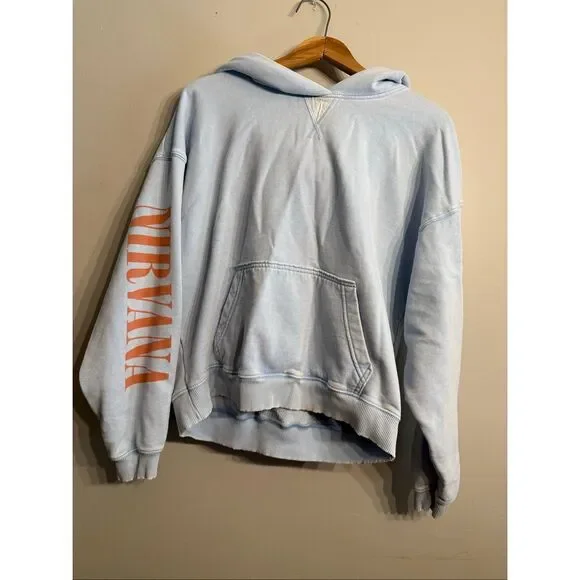 American Eagle Light Blue Nirvana Soft Lived In Graphic Pullover Hoodie Sz Small - Picture 1 of 7